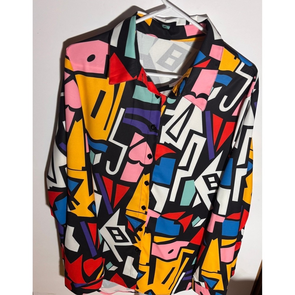 Big Dart Geometric Print Button Up Shirt Multicolor Long Sleeve Plus 3X  Top L